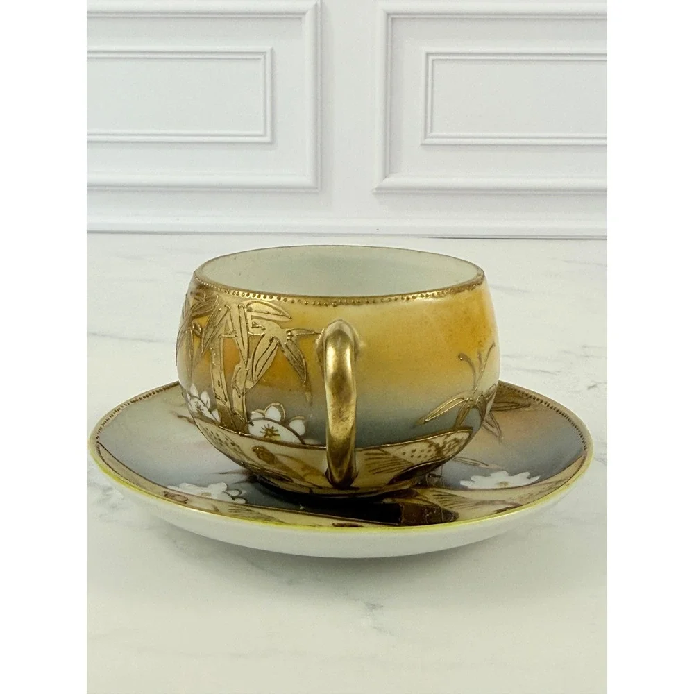 VTG Mt. Fuji Japan Hand Painted Teacup and Saucer Bamboo Gilded